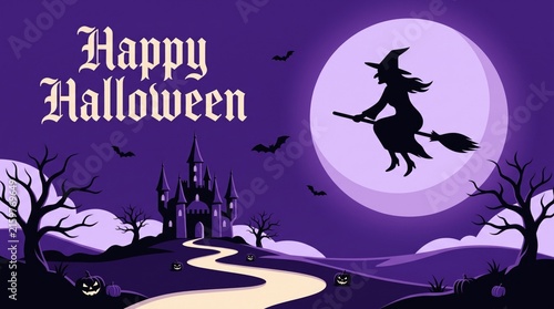 A spooky and magical halloween night scene featuring a witch flying in front of a full moon