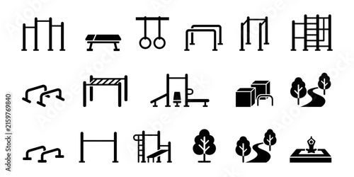 Fotografie Set of black icons representing outdoor fitness equipment and calisthenics park