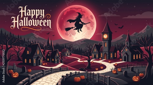 A spooky and magical halloween night scene with a witch flying before a blood moon