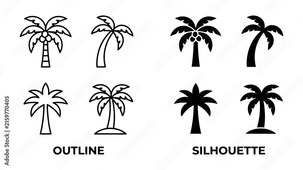 Fototapeta premium Palm Tree Icons: A collection of stylized palm tree icons, presented in both outline and silhouette formats, offering versatile design elements for tropical or vacation themes.