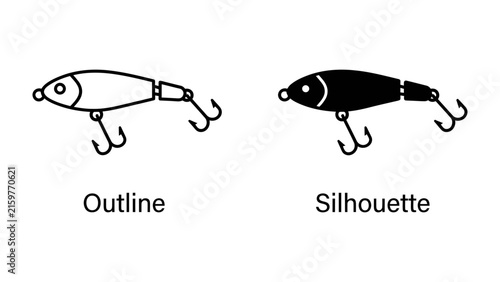 Fotografie Fishing Lure Outline and Silhouette: Two representations of a fishing lure, one as a clear outline and the other as a solid black silhouette, showcasing its design and form for anglers