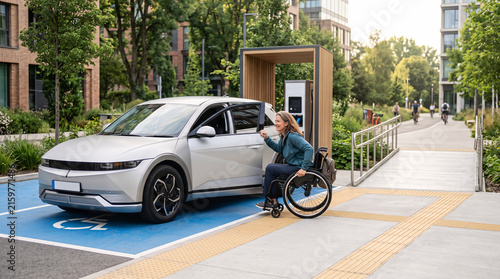 Woman in a wheelchair charging her electric car at a public station in the city.