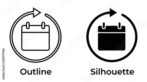 Bild auf Leinwand Calendar Cycle Icons: Two icons representing a calendar within a circular arrow, showcasing both an outline and a silhouette design, symbolizing recurrence and scheduling