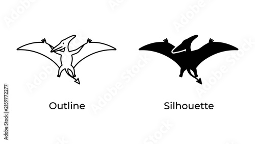 Foto Pterodactyl Outline and Silhouette: Two distinct illustrations of a pterodactyl, one in outline and the other as a solid silhouette, showcase the prehistoric creature's iconic form