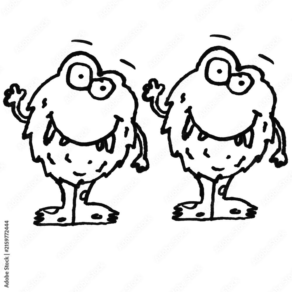 Fototapeta premium Friendly Cute Fluffy Monster Pair Doodle Brush Vector — Black and White Cartoon Creatures with Big Eyes and Sharp Teeth, Hand Drawn Sketch