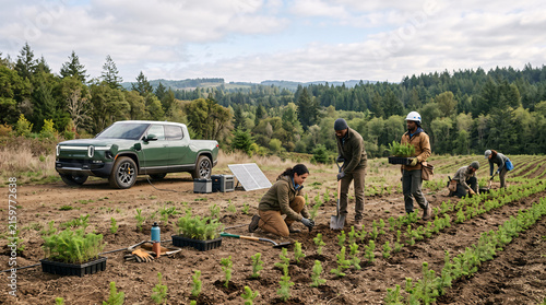 Diverse group of volunteers planting seedlings in a field with an electric pickup truck nearby.