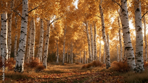 White-barked birch trees with distinctive dark markings line a narrow dirt path carpeted in red and orange fallen leaves.