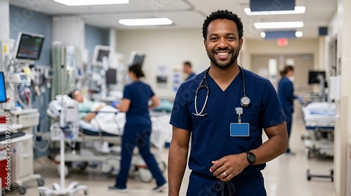 Smiling male nurse in blue scrubs at hospital ward corridor professional healthcare.