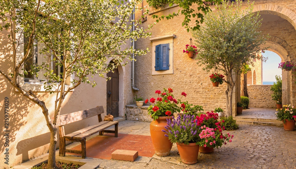 Obraz premium Sunlit Mediterranean Stone Courtyard With Red Geraniums Terra Cotta Pots