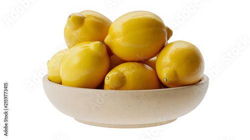 Fresh yellow lemons stacked in a ceramic bowl isolated on transparent background