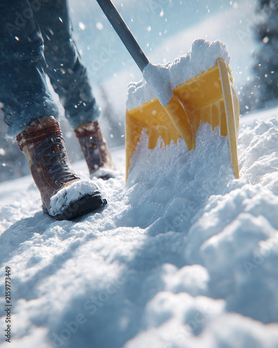 Close up of hands clearing snow with shovel in winter generated.AI
