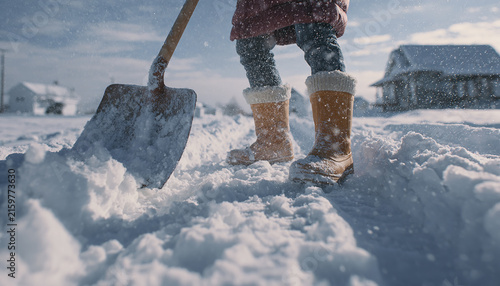Close up of hands clearing snow with shovel in winter generated.AI