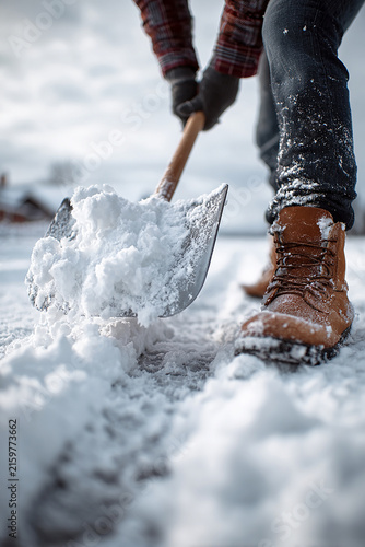 Close up of hands clearing snow with shovel in winter generated.AI