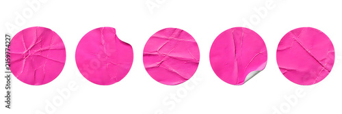 Pink round glue stickers with wrinkled paper texture provide realistic urban mockups for street art posters pricing labels and creative promotional branding.