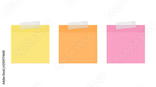 Colorful sticky notes with white tape attached for reminders and messages on a plain background.