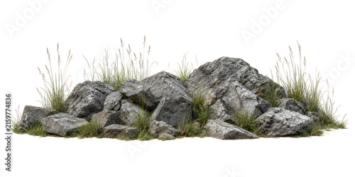 Natural pile of heavy grey granite rocks decorated with wild green grass blades isolated on white background for garden landscaping and exterior decor design.