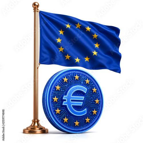 Financial concept representing european currency with golden flag of European Union placed behind glowing blue euro coin featuring circuit pattern technology art.