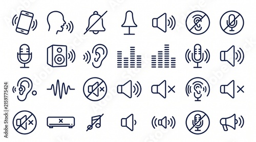 A comprehensive grid set of minimal line icons representing audio, sound controls, microphones, voice recognition, volume levels, and mute settings on a clean white background.