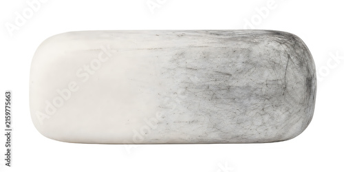 Used dirty white eraser with smudged graphite marks on transparent background, essential stationery for correction purposes.