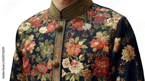 Detailed portrait of a man wearing an ornate, richly patterned Indian jacket, showcasing intricate floral embroidery and gold accents