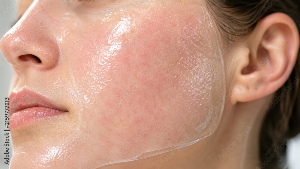 Fototapeta premium Close up of female face with clear hydrating gel sheet mask applied on cheek and skin glowing natural