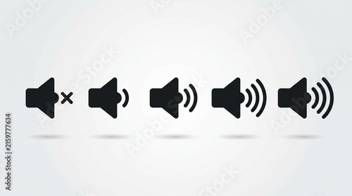 Sequence of black speaker volume icons showing mute, low, medium, high, and maximum sound levels on a clean grey background.