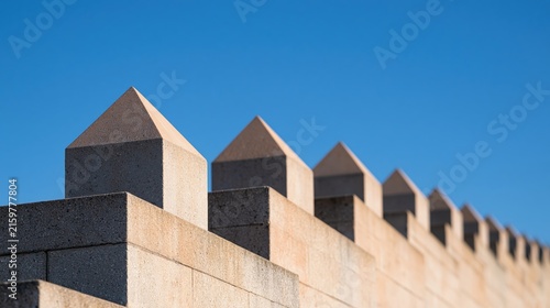 Low angle view of beige stone wall with triangular tops against clear blue sky outdoor setting
