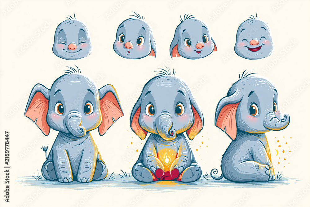 Fototapeta premium Cute Cartoon Baby Elephant Character Set with Different Poses
