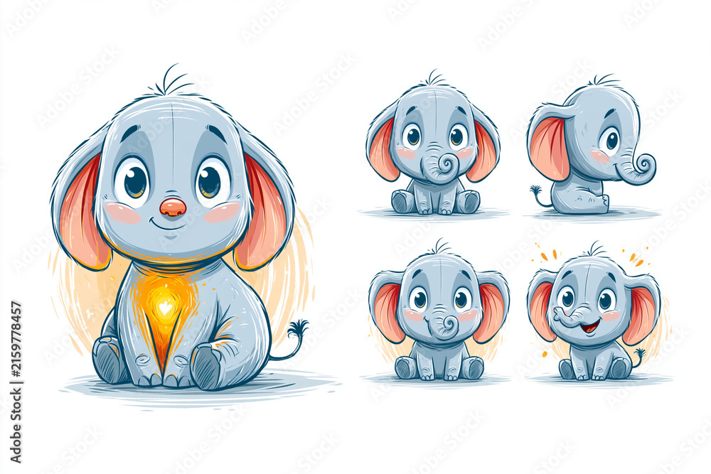 Fototapeta premium Cute Cartoon Baby Elephant Character Set with Different Poses