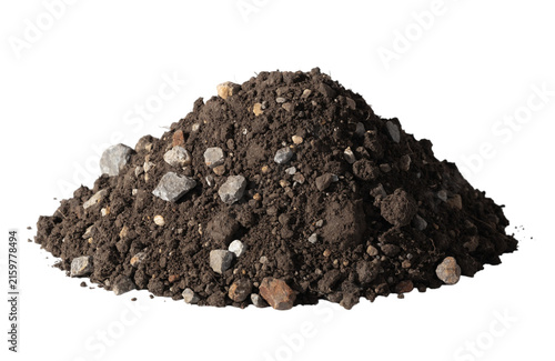 Pile of organic dark soil and ground dirt isolated on white background for agriculture and gardening mockup.