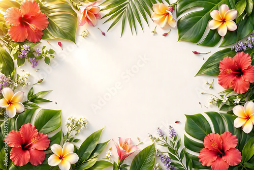 Exotic tropical floral border featuring vibrant hibiscus and plumeria blossoms with lush green monstera palm leaves surrounding a blank center space
