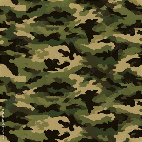 Seamless military camouflage textile print only, irregular organic shapes in olive green, forest green, khaki, dark brown and black.