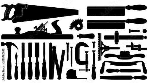 Fotografía Set of Woodworking Hand Tool Silhouettes Vintage Carpentry Equipment Icons Black