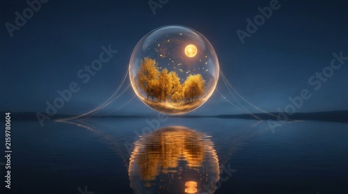 Luminous Fall Leaf Sphere Reflected on Dark Minimal Background