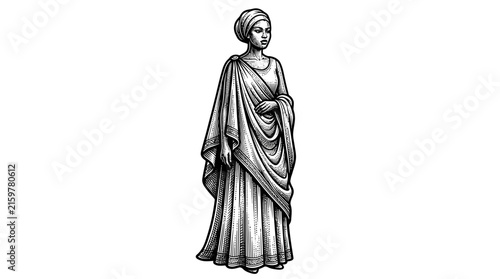 Woman wearing a long traditional draped gown.