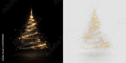 Abstract Holiday Christmas Tree with Golden Bokeh Particles and Soft Reflection