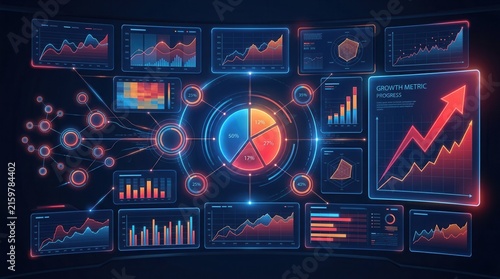Futuristic Interface with Charts, Graphs, and a Growth 3D data visualization dashboard glowing