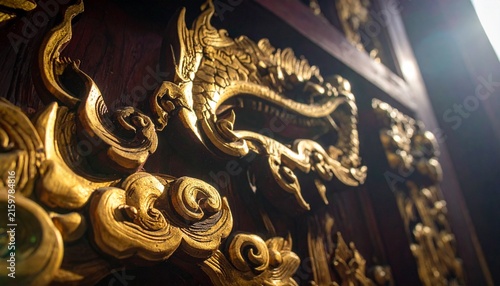 Intricate Golden Dragon Carving on a Dark Wooden Surface.