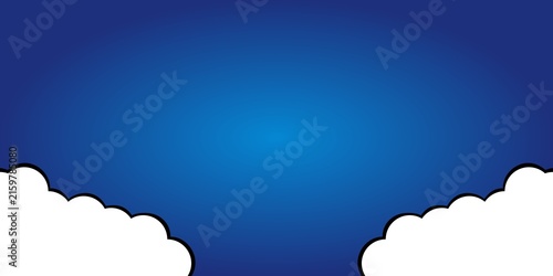 Minimalist blue sky background with stylized white cartoon clouds at the bottom corners