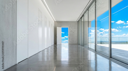 Modern Hallway with Glass Walls Reflecting Open Sky and Clouds