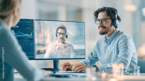 Obraz na płótnie Simulation Technology sales training simulation session, trainee using AI-powered role-play platform on large screen facing simulated customer avatar responding in real time, coach observing 