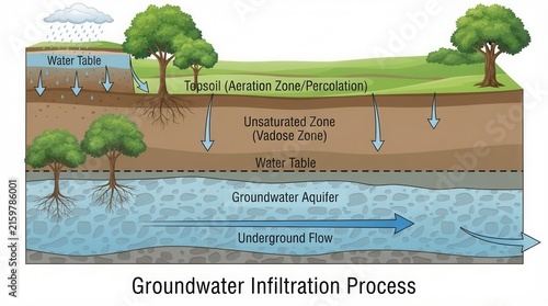 Groundwater Infiltration Process: Diagram depicting stages from topsoil process showing rainfall percolation through