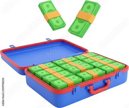 A blue open suitcase filled with stacks of banded green money with additional money stacks floating above it cash wealth currency financial economy investment profit riches