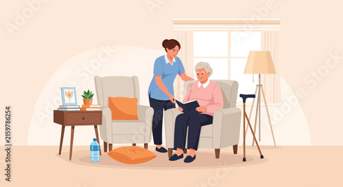 Caring home health aide assists elderly man reading a book in a comfortable living room setting