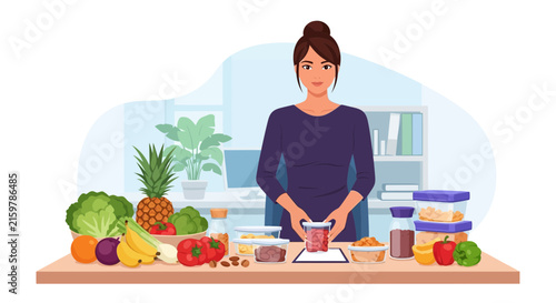 Nutritionist carefully arranging healthy food portions in containers on a table, preparing for meal planning.
