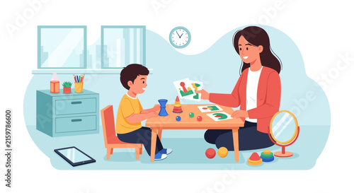 Speech therapist patiently teaching a young boy using flashcards and toys during a therapy session