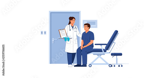 Doctor consulting with patient in a medical examination room with healthcare equipment