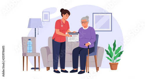Caring nurse assisting elderly woman with calendar in a comfortable home setting