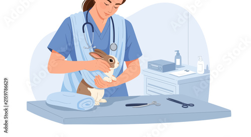 Veterinarian examining a rabbit with care in a clinic setting