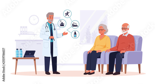 Doctor advising elderly couple on healthy lifestyle with icons of sleep, activity, and medication